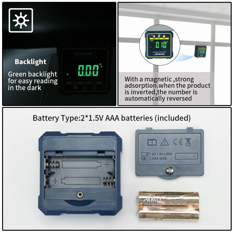 SHAHE مقياس زاوية رقمي منقلة مغناطيسية مقياس ميل مستوى زاوية مكتشف زاوية مكعب مستوى صندوق مع قاعدة مغناطيسية وإضاءة خلفية - Image 4